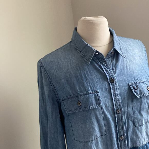 TRUE RELIGION Linen Blend Chambray Utility Shirt Womens Sz Medium Button Down - Picture 2 of 8